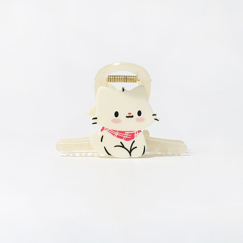 Cute cat claw hair clip, Milk White Scarf design: cream cat with a red checked scarf