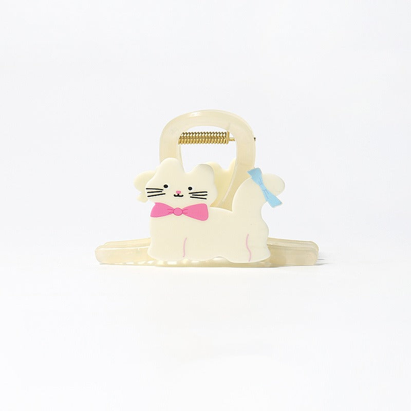 Cute cat claw hair clip, Pink Blue Bow design: cream cat with a pink bow and a blue ribbon