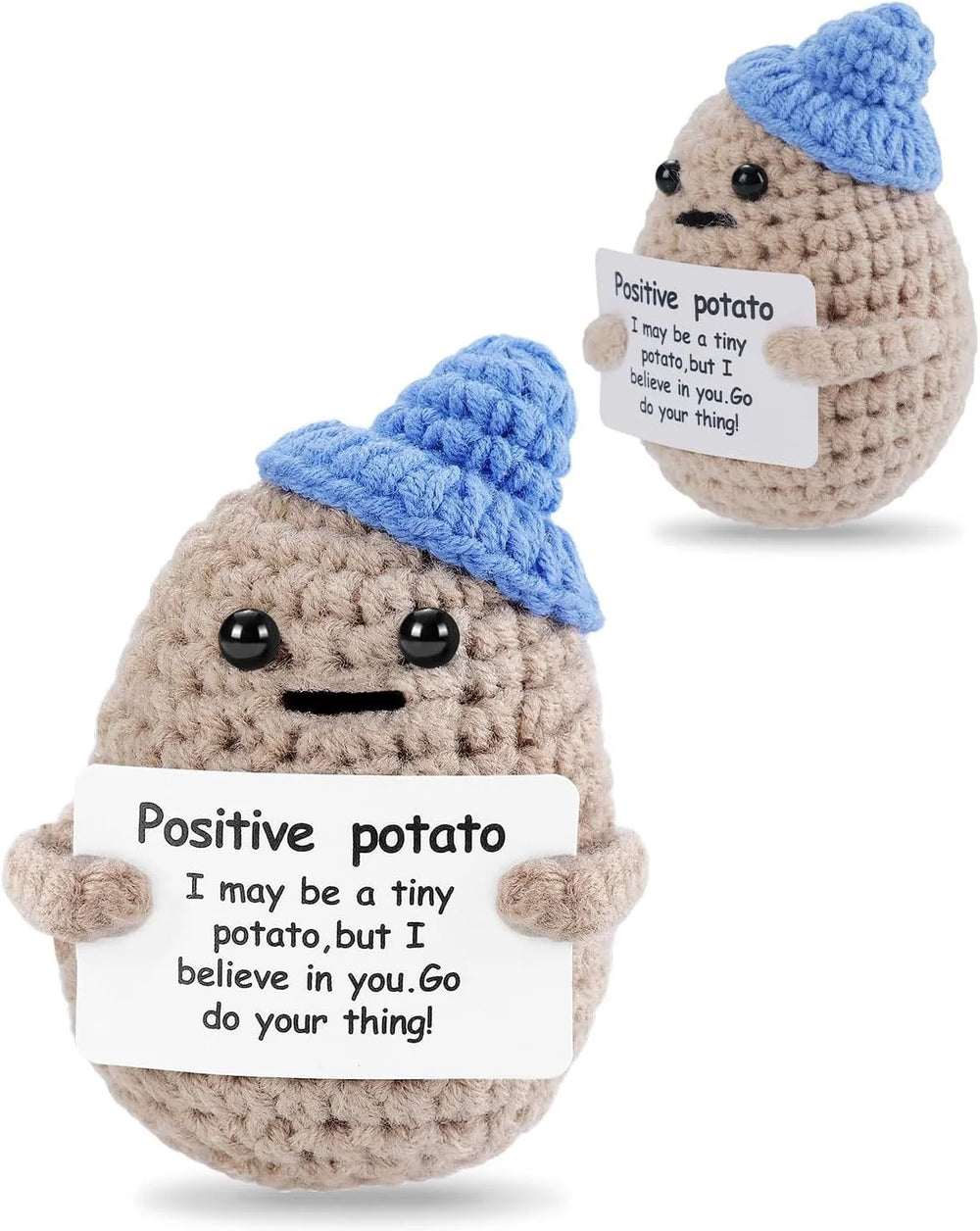Blue Hat design: khaki crochet potato doll wearing a blue knitted hat and holding a small card, shown from two angles