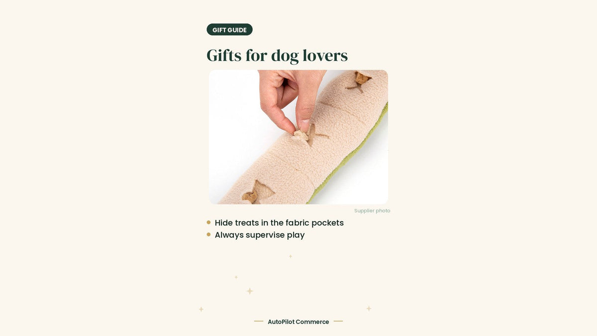 Gift guide graphic: Gifts for dog lovers, with a supplier photo of a hand tucking a treat into a snake snuffle toy