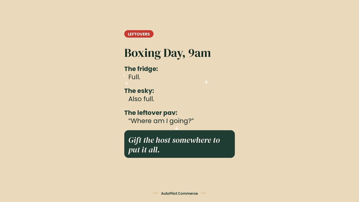 Gift guide graphic: Boxing Day, 9am. The fridge is full, the esky is also full. Gift the host somewhere to put it all