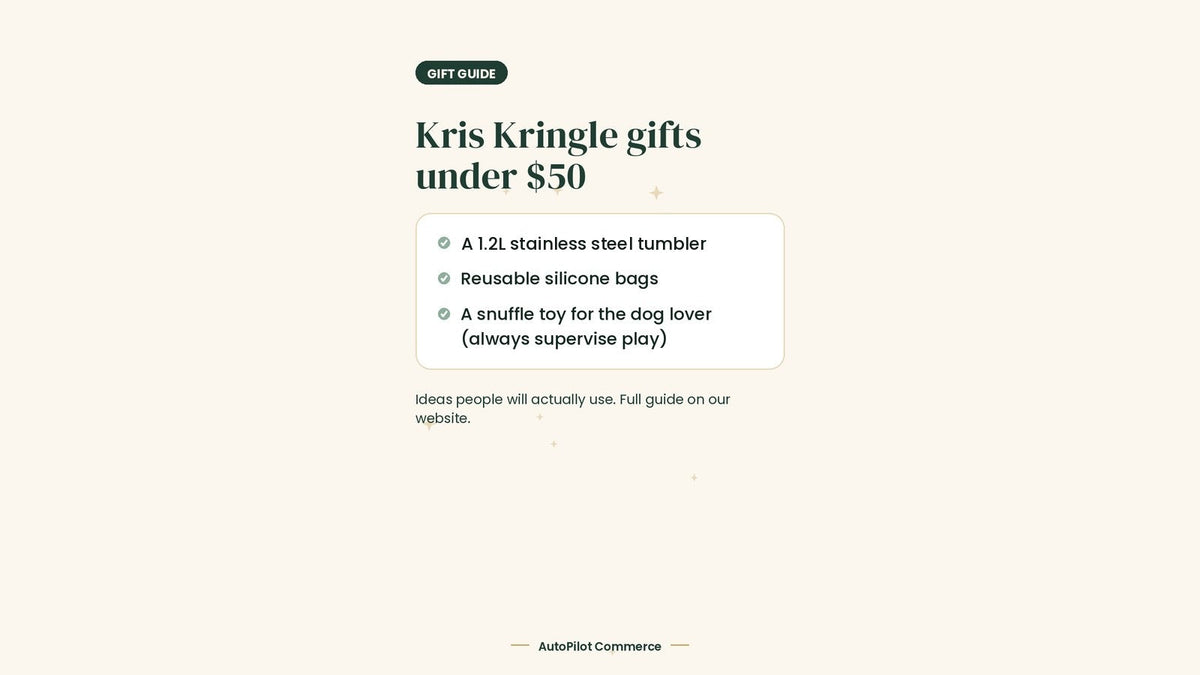 Gift guide graphic: Kris Kringle gifts under $50, with a checklist of a 1.2L stainless steel tumbler, reusable silicone bags and a snuffle toy for the dog lover