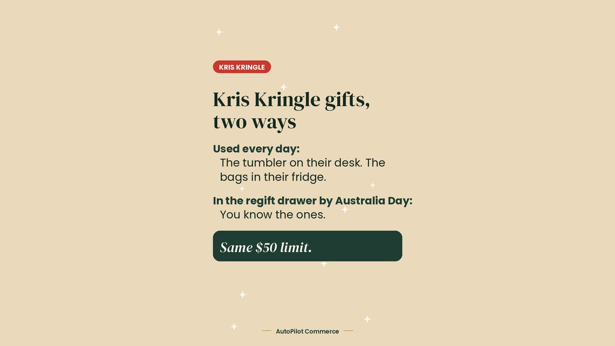 Gift guide graphic: Kris Kringle gifts, two ways. Used every day versus in the regift drawer by Australia Day
