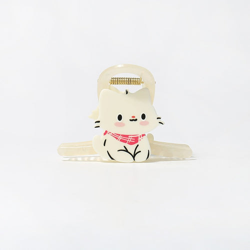 Cute cat claw hair clip, Milk White Scarf design: cream cat with a red checked scarf