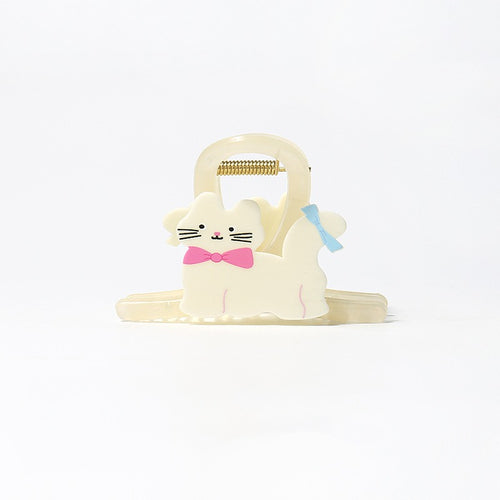 Cute cat claw hair clip, Pink Blue Bow design: cream cat with a pink bow and a blue ribbon