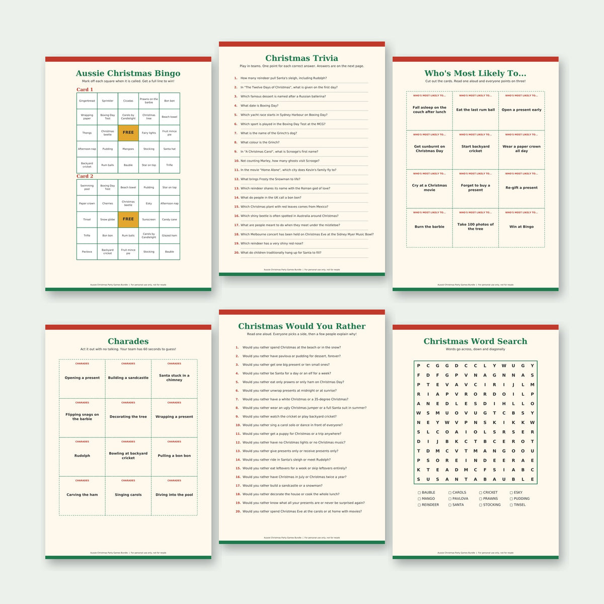Inside pages: Aussie Christmas Bingo card, trivia, Who's Most Likely To cards, charades, Would You Rather and word search