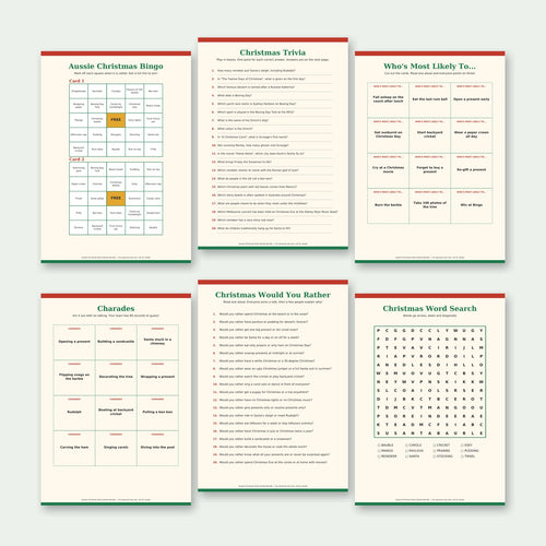 Inside pages: Aussie Christmas Bingo card, trivia, Who's Most Likely To cards, charades, Would You Rather and word search
