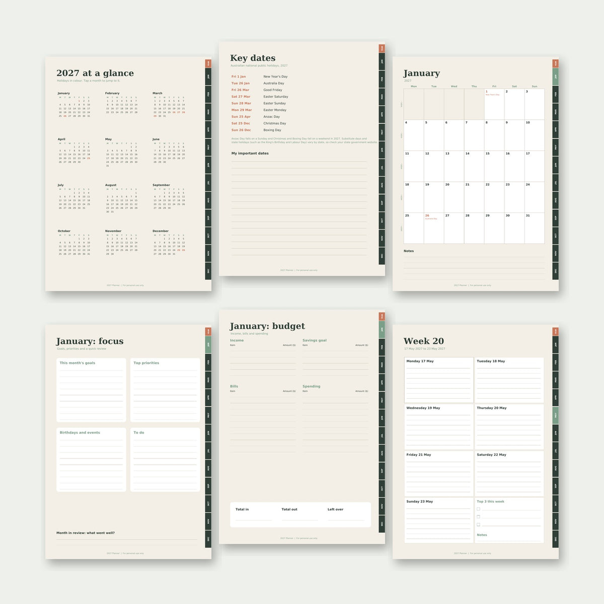 Inside pages: year at a glance, Australian key dates, January calendar, focus and budget pages, weekly page