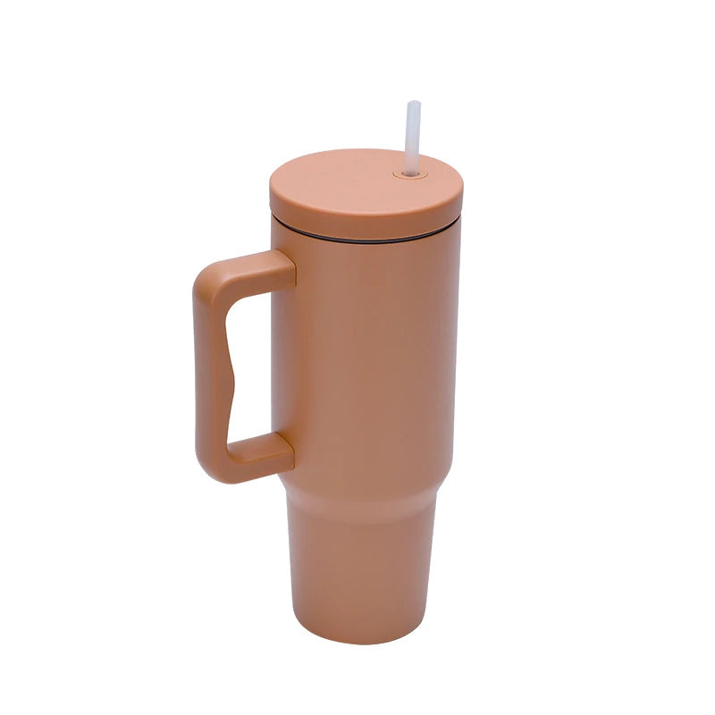 1.2L stainless steel tumbler with handle and straw in caramel brown