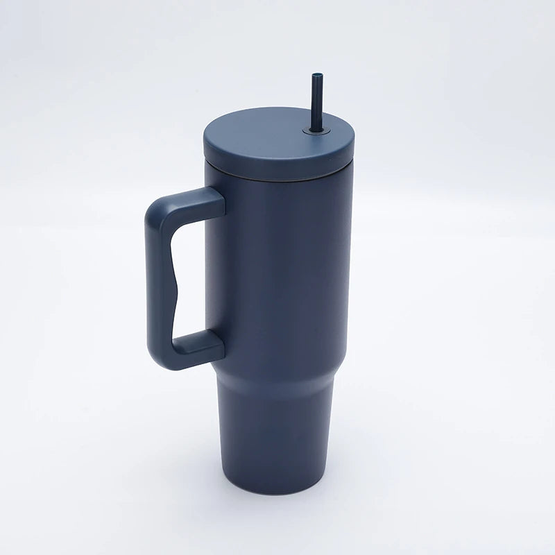1.2L stainless steel tumbler with handle and straw in dark blue