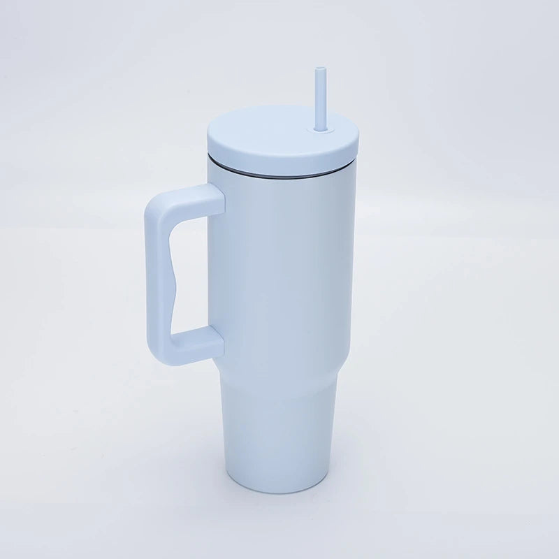 1.2L stainless steel tumbler with handle and straw in light blue