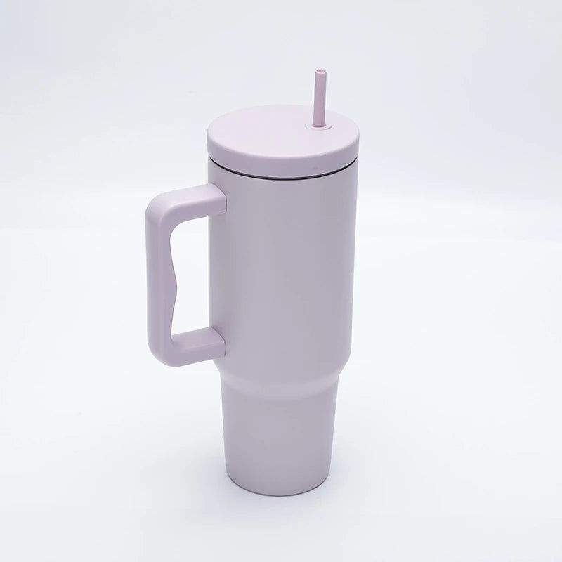 1.2L stainless steel tumbler with handle and straw in light purple