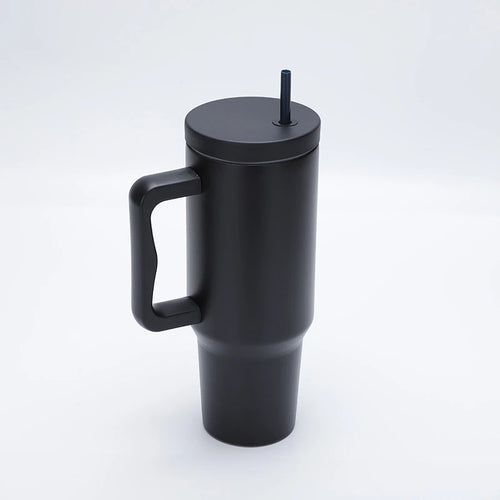 1.2L stainless steel tumbler with handle and straw in midnight black
