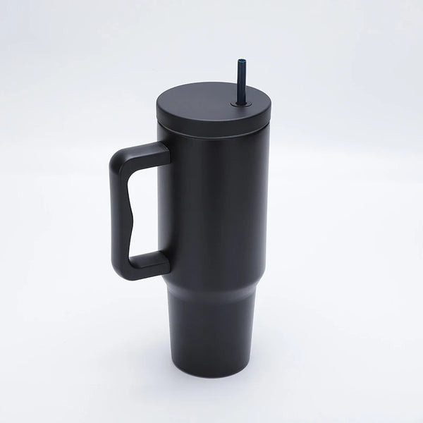 1.2L stainless steel tumbler with handle and straw in midnight black