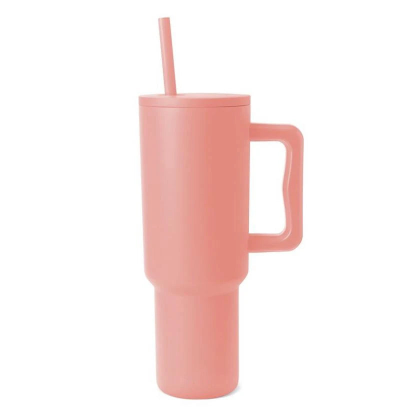 1.2L stainless steel tumbler with handle and straw in orange