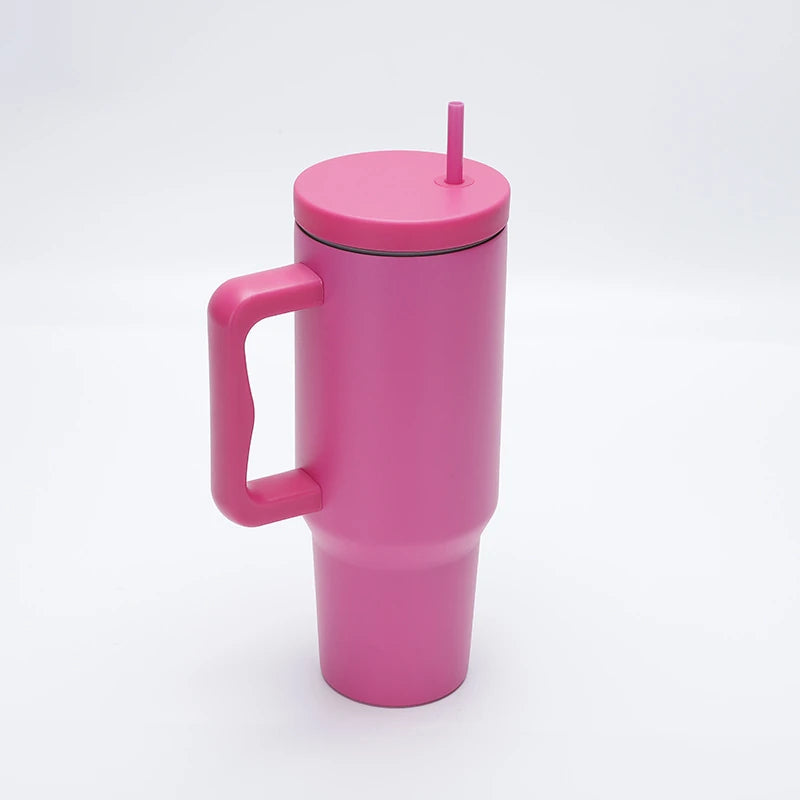 1.2L stainless steel tumbler with handle and straw in raspberry pink