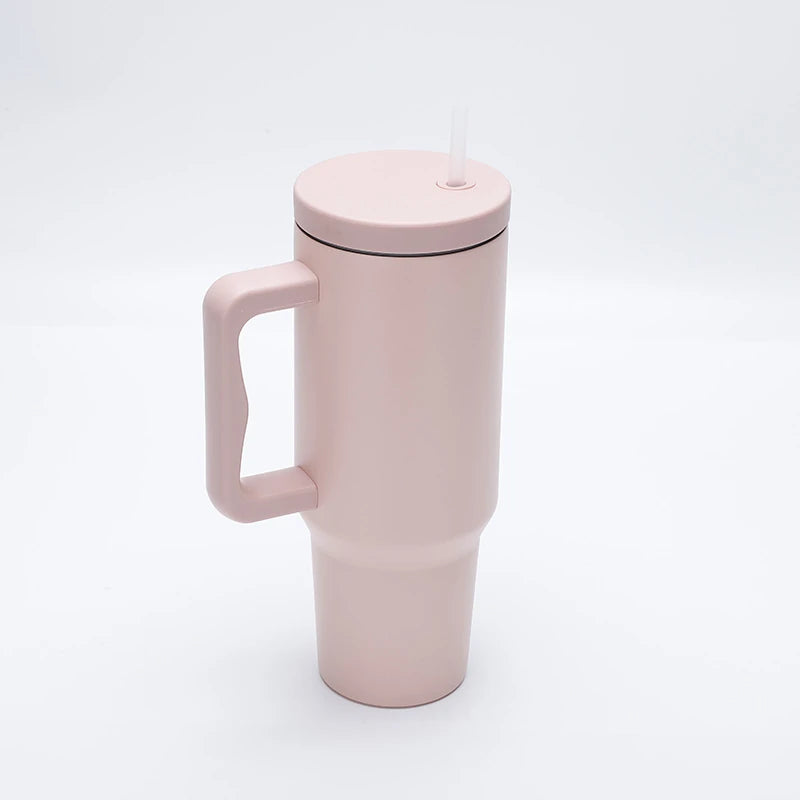 1.2L stainless steel tumbler with handle and straw in tulle pink
