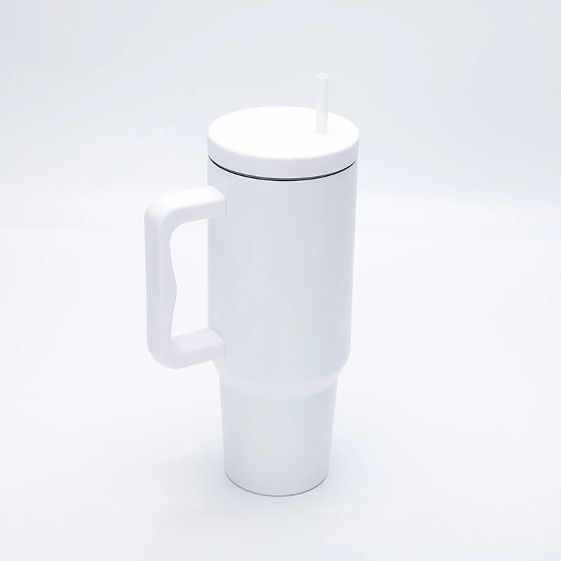1.2L stainless steel tumbler with handle and straw in winter white